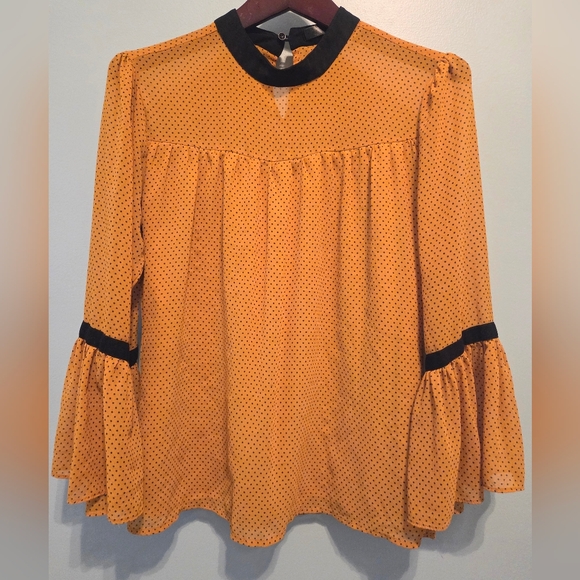 Tops - Boho Dotted Mustard Blouse Bell Sleeves